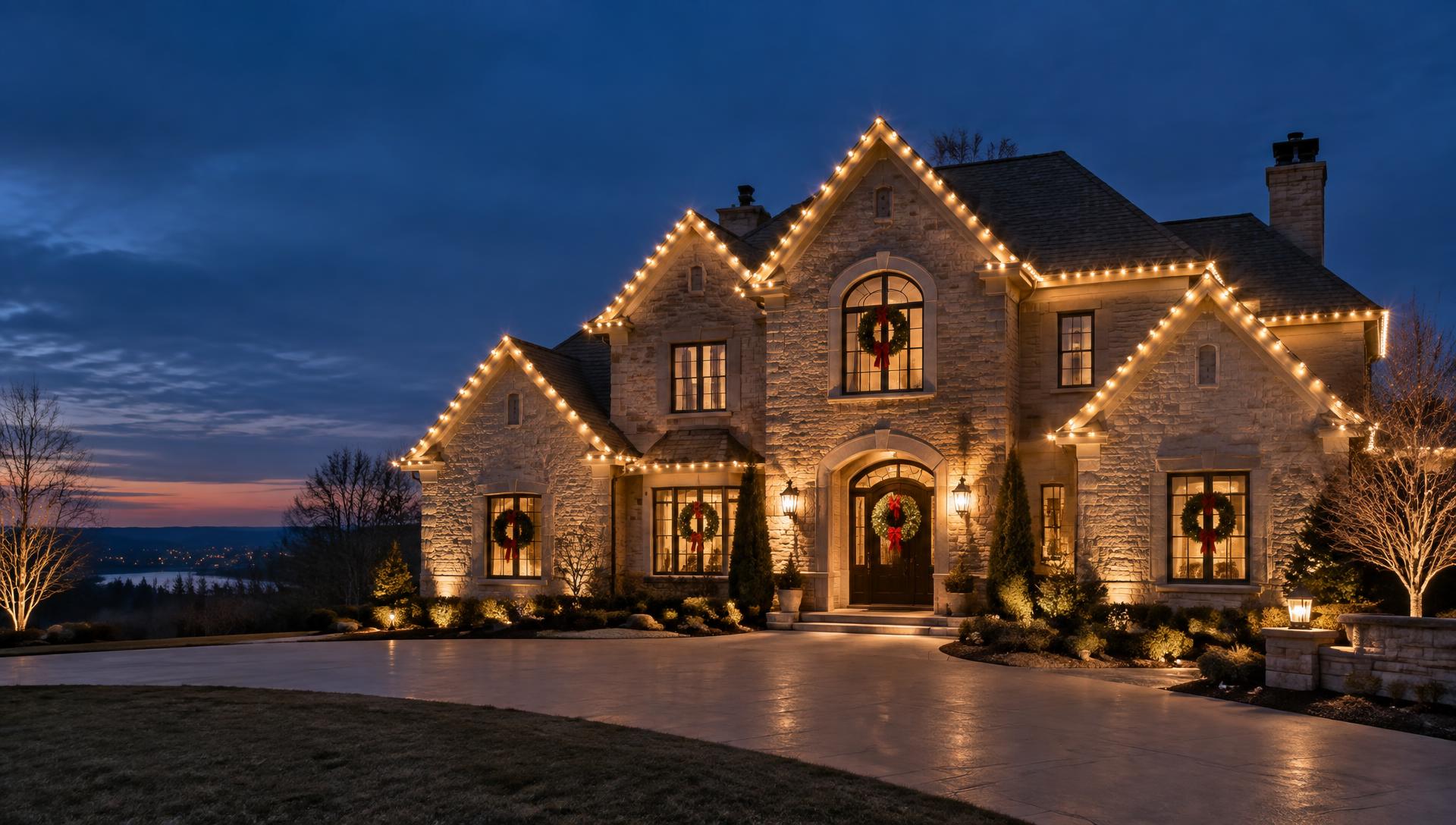 Stone home illuminated with warm white holiday lights